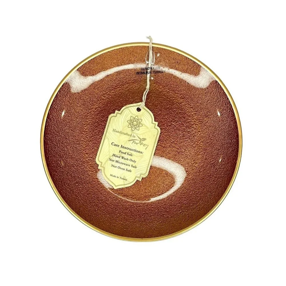 Turkish Glass 4 Salad Dessert Plates Set Brown Bronze Texture Gold Rim 8.25